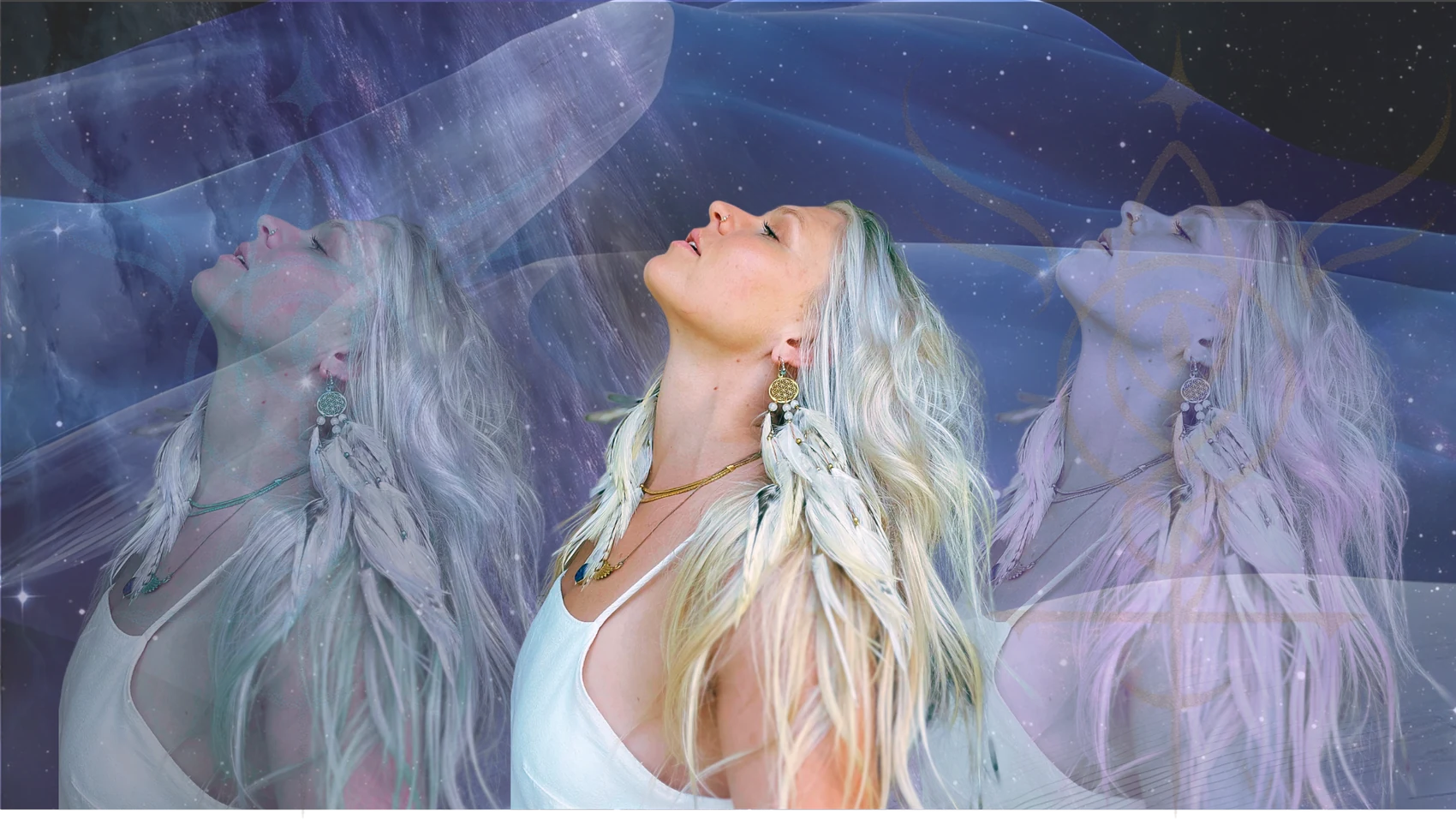 Alexis, eyes closed, chin lifted, over stars and dunes.