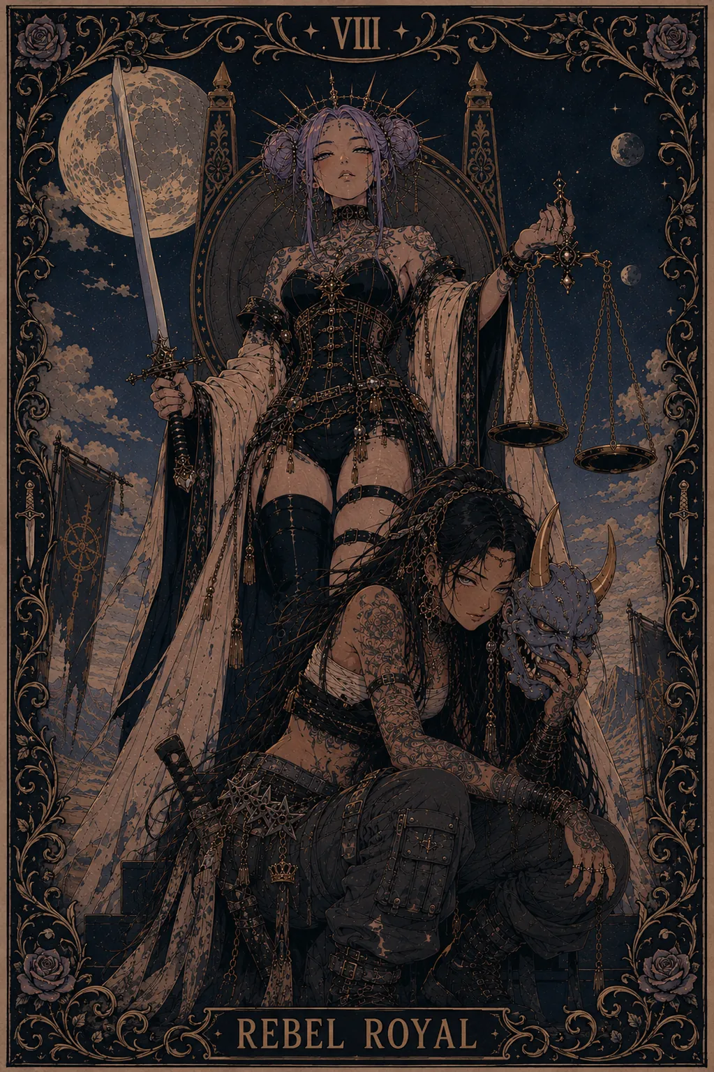 Rebel Royal illustration: a crowned figure holding a sword and scales, with a companion kneeling beside her.